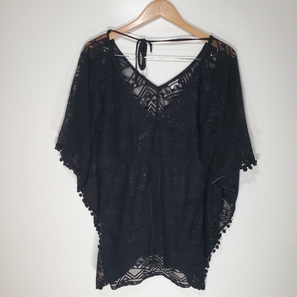 Joe Boxer Black Crochet Swim Suit Cover-Up w/ Pom-Poms along trim, Cinched Waist - Picture 1 of 3